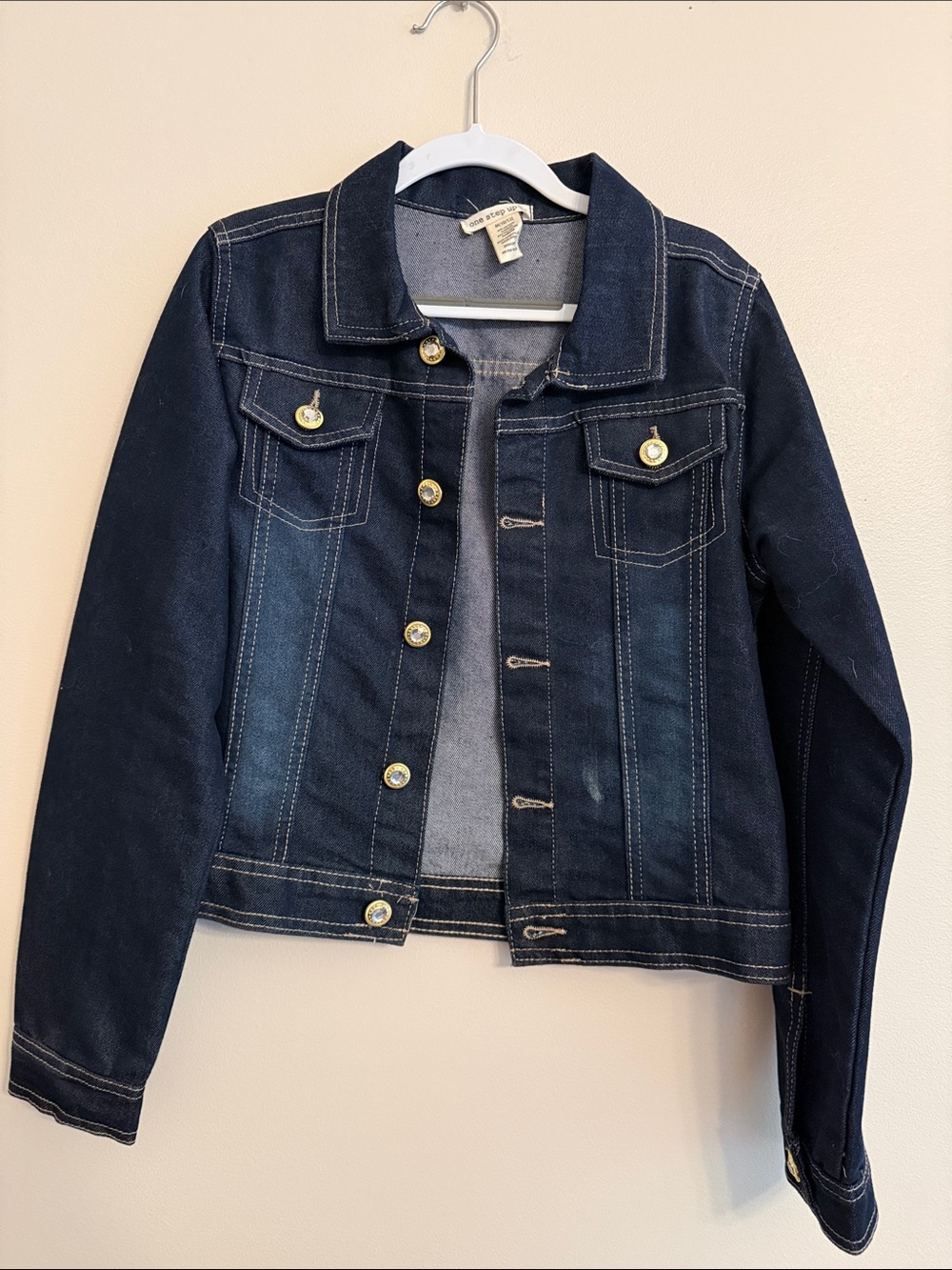 One Step Ahead Dark Blue Denim Jacket with Gold Buttons